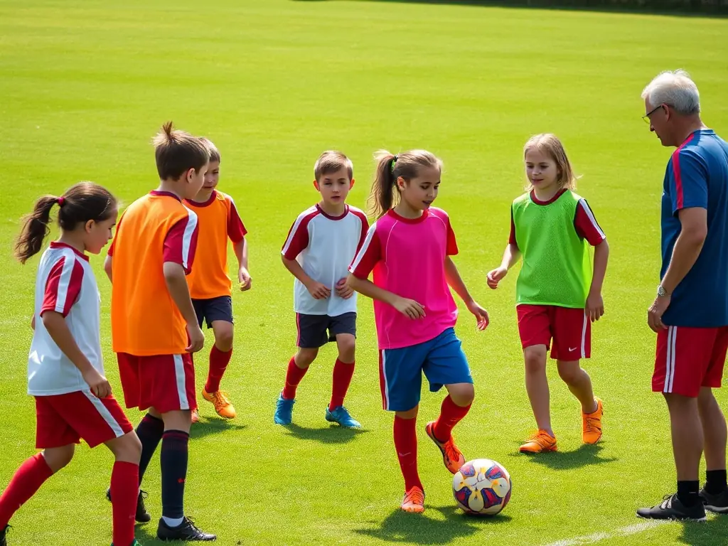 A vibrant image of young players practicing drills on a well-maintained football field, with coaches providing guidance and encouragement.