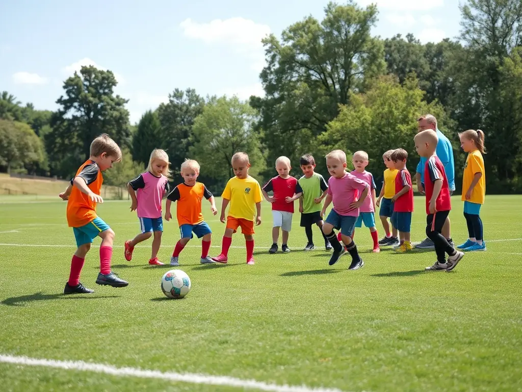 A vibrant image of young football players participating in a training session, showcasing their enthusiasm and teamwork under the guidance of a coach. The background features the ASSOCIATION ATHLÉTIQUE MASSIACOISE – SECTION FOOTBALL training grounds.