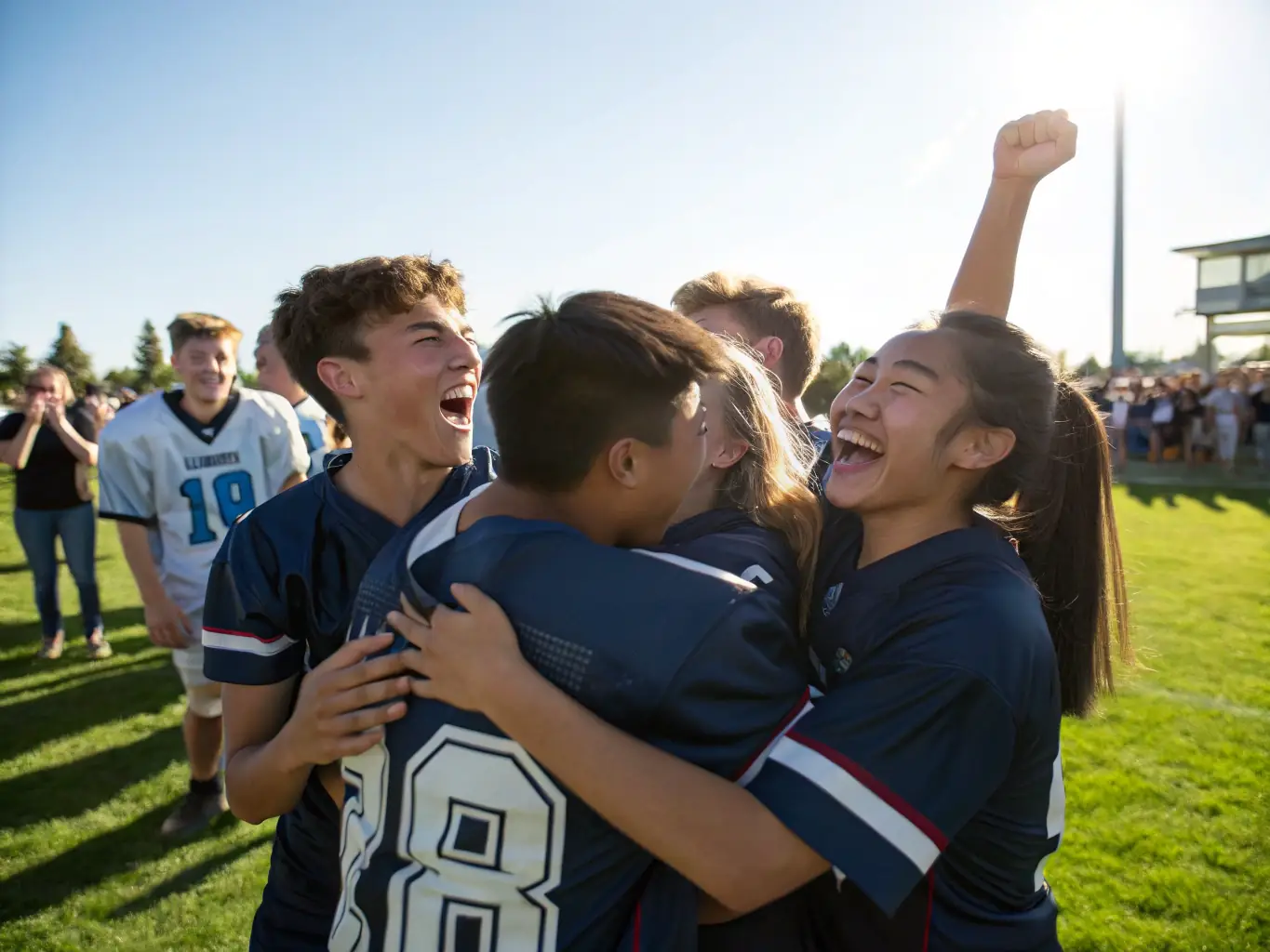 A vibrant image of young football players celebrating a goal during a match, showcasing teamwork and camaraderie within ASSOCIATION ATHLÉTIQUE MASSIACOISE – SECTION FOOTBALL.