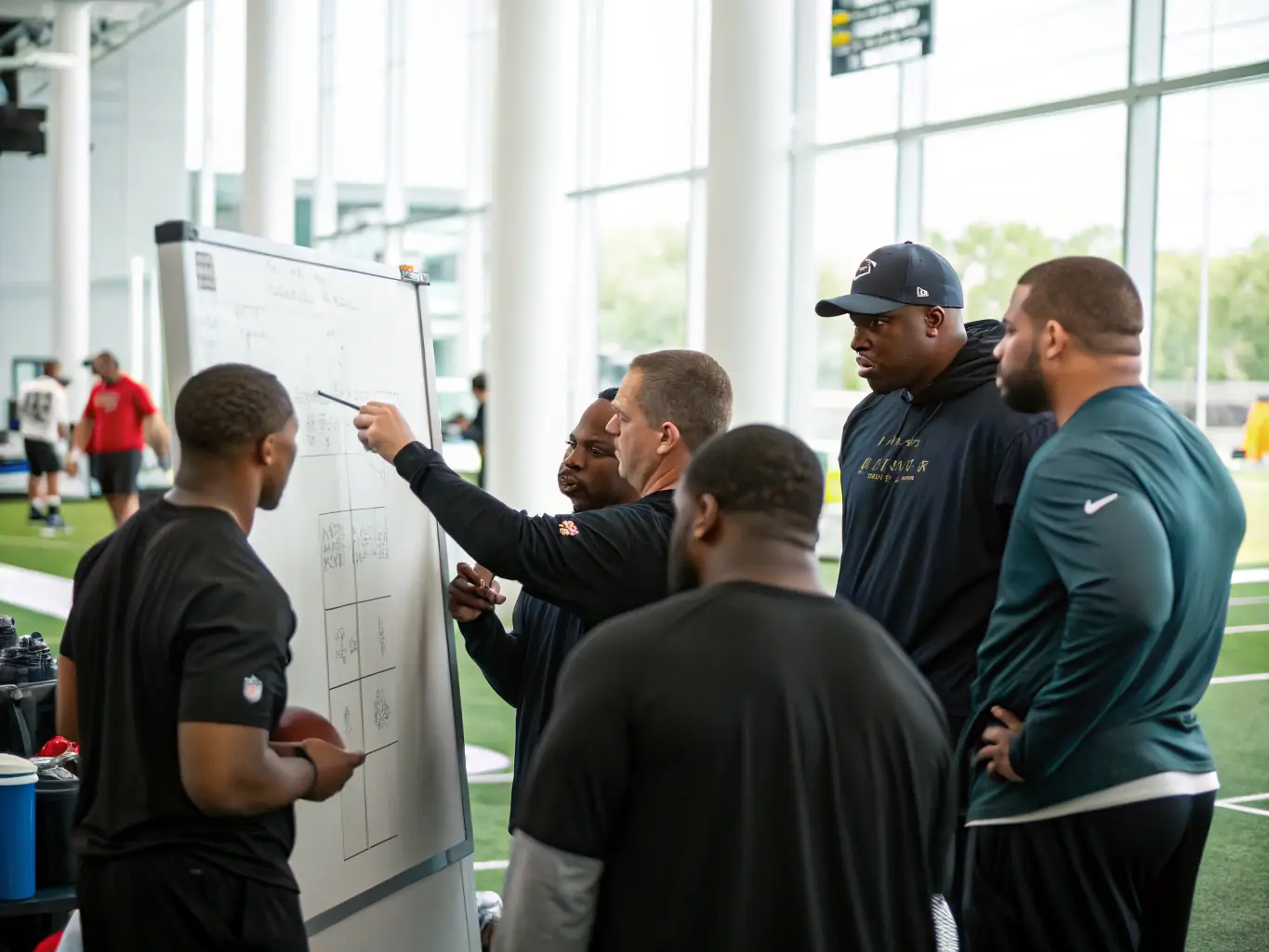 A group of senior football players engaged in a strategic discussion during a training session, emphasizing the importance of tactical planning and teamwork. The image captures the camaraderie and shared passion for football within the ASSOCIATION ATHLÉTIQUE MASSIACOISE – SECTION FOOTBALL.