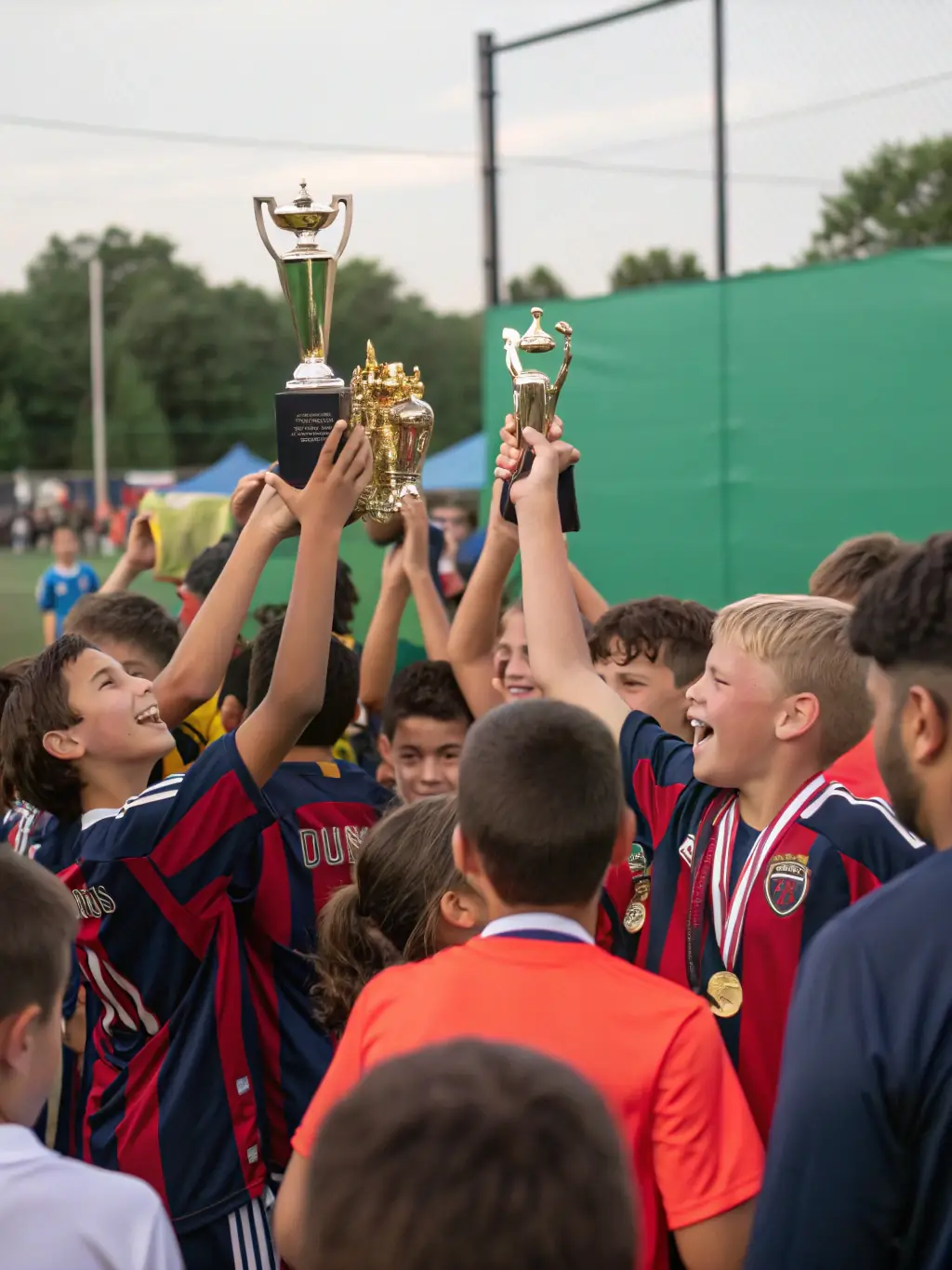A group of football players from ASSOCIATION ATHLÉTIQUE MASSIACOISE – SECTION FOOTBALL celebrating a victory, highlighting the camaraderie and team spirit.