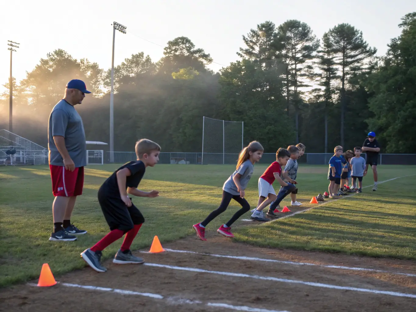 A dynamic image of players engaged in physical conditioning exercises, highlighting the physical development aspect of training at ASSOCIATION ATHLÉTIQUE MASSIACOISE – SECTION FOOTBALL.