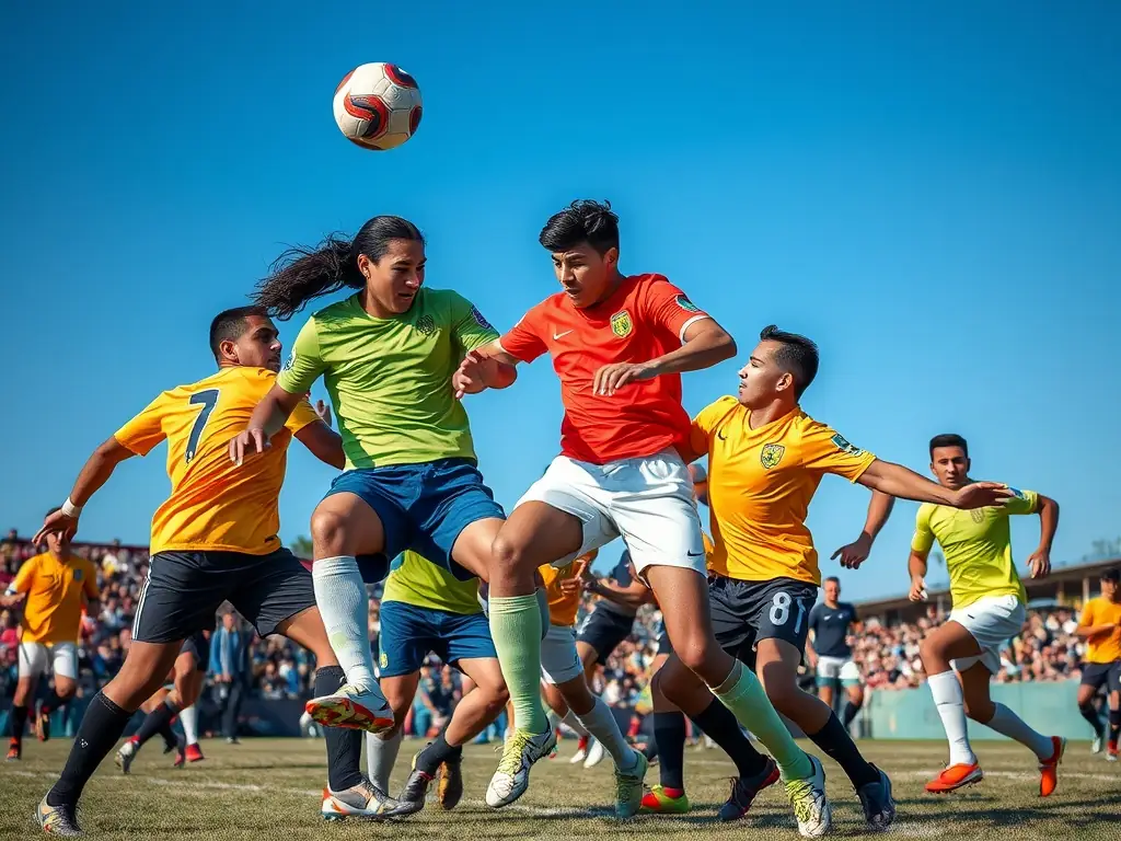 An action shot of a competitive football match, showcasing players in action, demonstrating skill and teamwork.